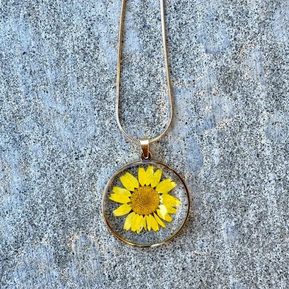 Handmade Dried Yellow Daisy Gold Pendant Necklace
